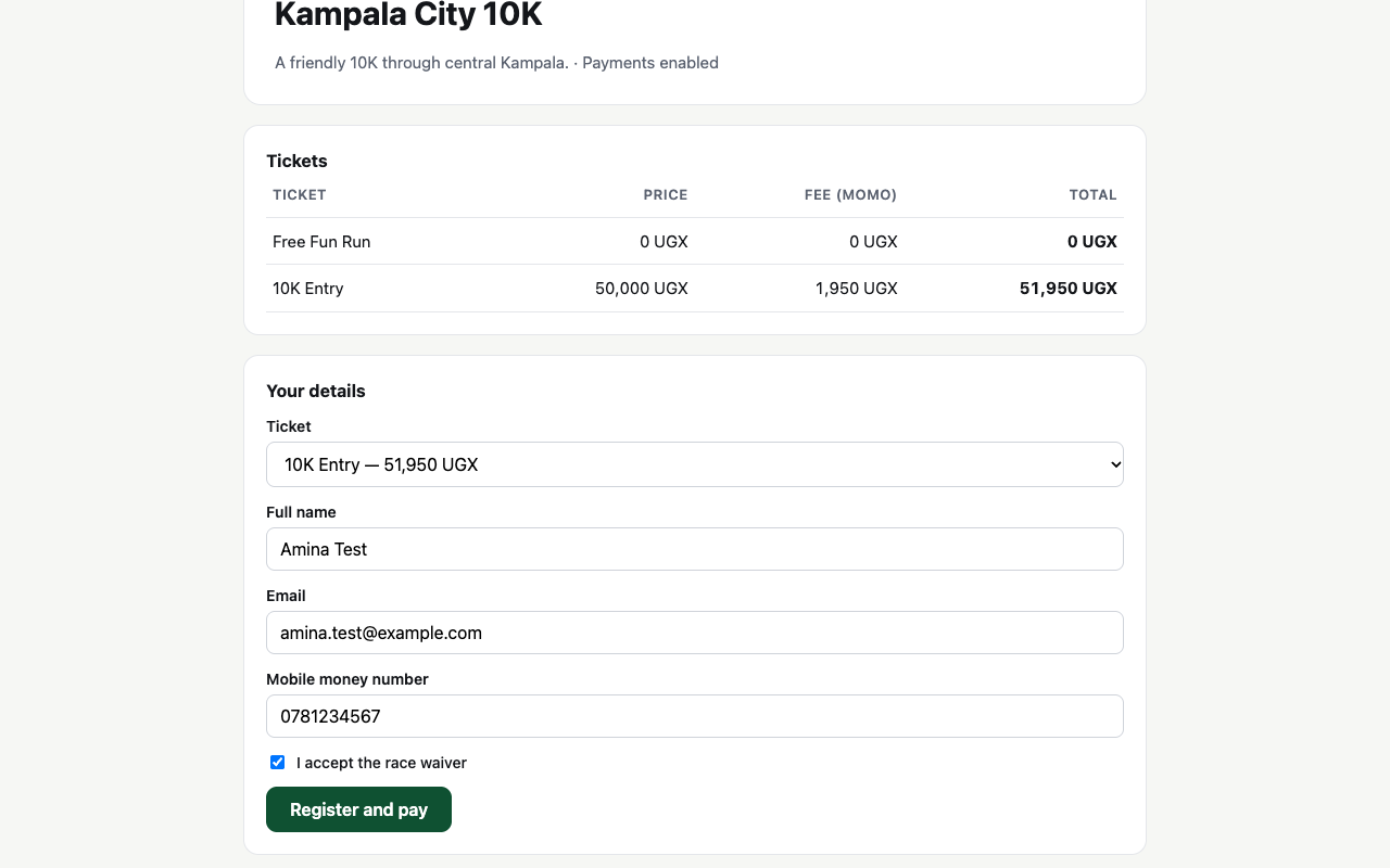 A 'Your details' form with a ticket picker set to 10K Entry, full name, email and mobile money number fields, an 'I accept the race waiver' checkbox and a Register and pay button