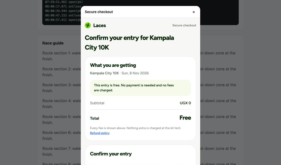 The modal headed 'Confirm your entry for Kampala City 10K' with a note that the entry is free and the total shown as Free
