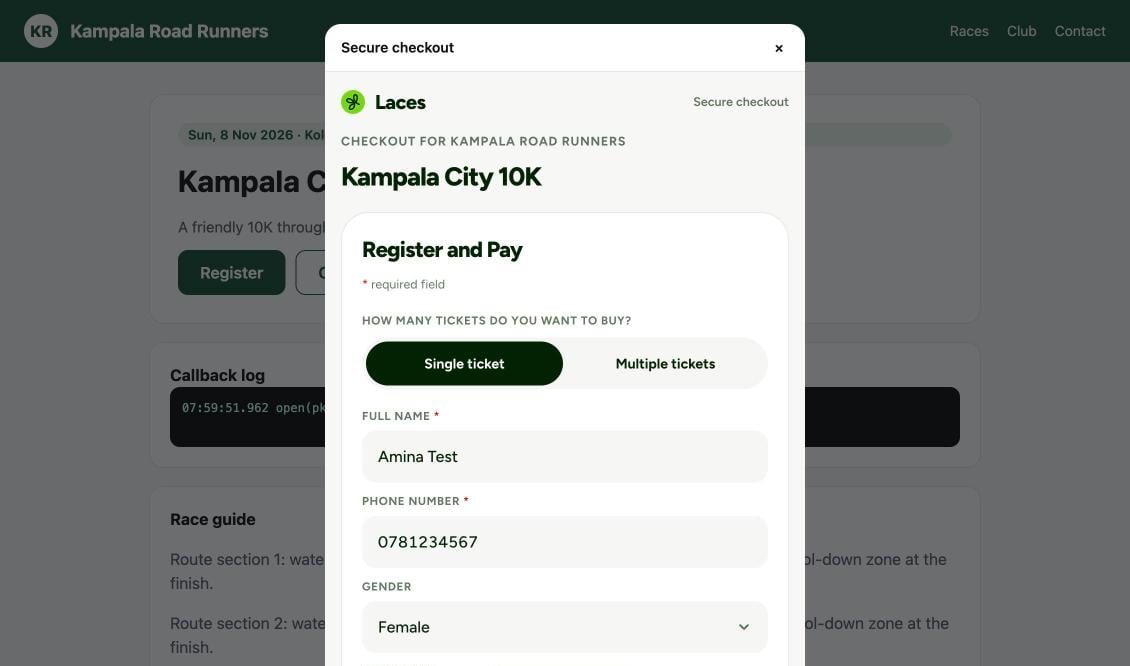 A 'Secure checkout' modal showing the Laces Register and Pay form for Kampala City 10K, over a dimmed event page