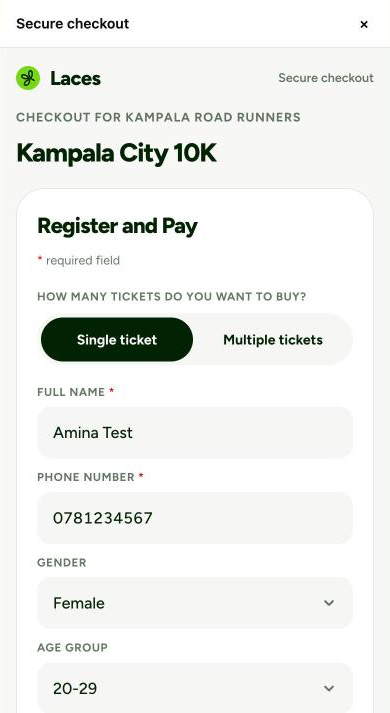 The Laces checkout form filling a narrow phone screen, with a close button at the top