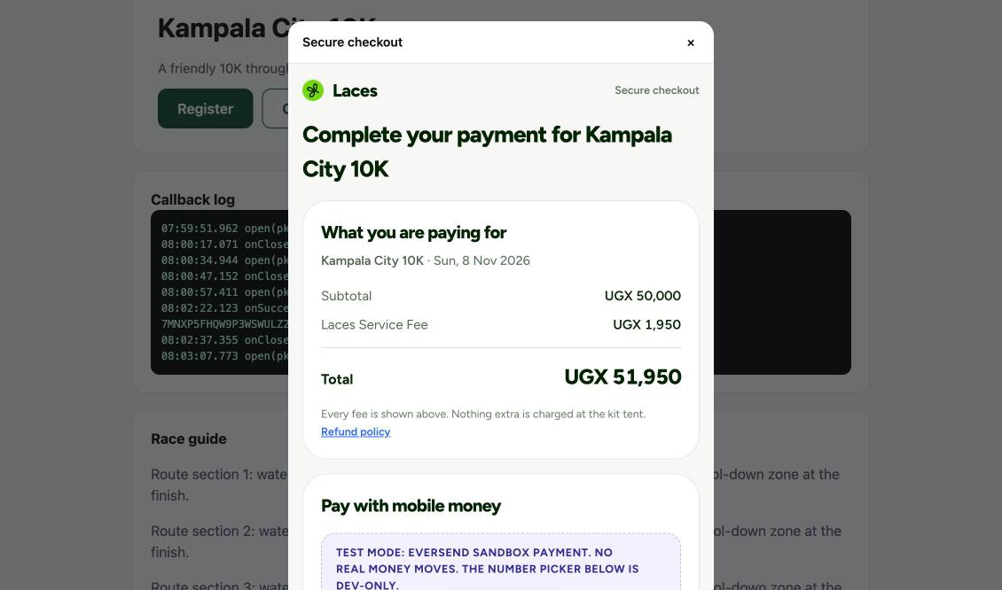 The modal showing subtotal UGX 50,000, Laces Service Fee UGX 1,950 and total UGX 51,950, above a Pay with mobile money section