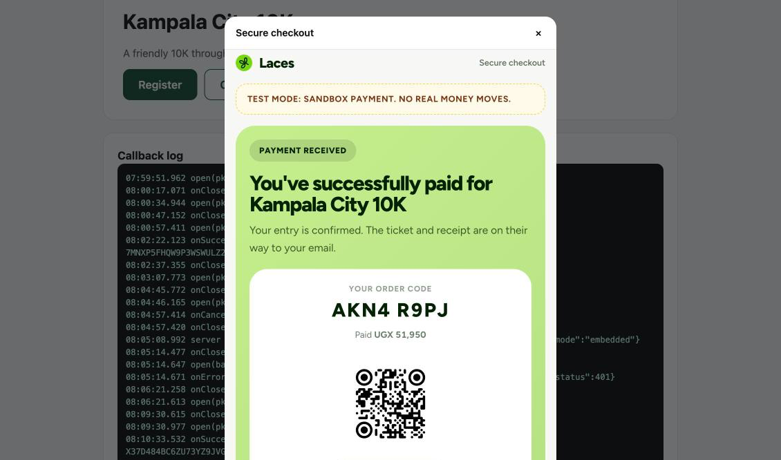 A green 'Payment received' panel reading 'You've successfully paid for Kampala City 10K' with an order code and QR code