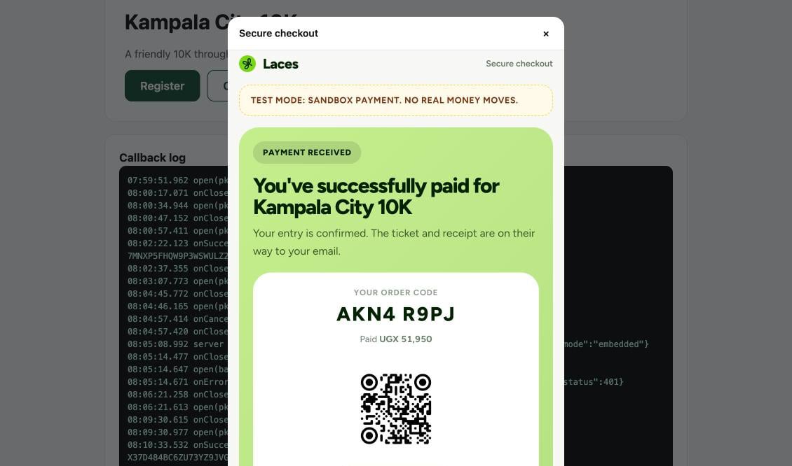 A green 'Payment received' panel reading 'You've successfully paid for Kampala City 10K' with an order code and QR code