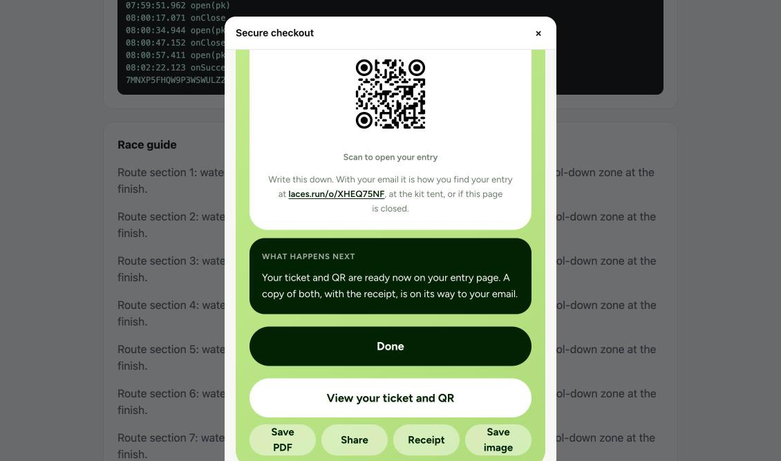 The confirmation's 'What happens next' note, a Done button, a View your ticket and QR button, and Save PDF, Share, Receipt and Save image buttons