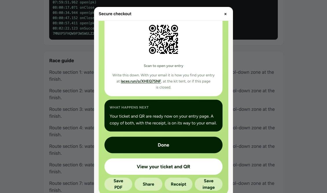 The confirmation's 'What happens next' note, a Done button, a View your ticket and QR button, and Save PDF, Share, Receipt and Save image buttons