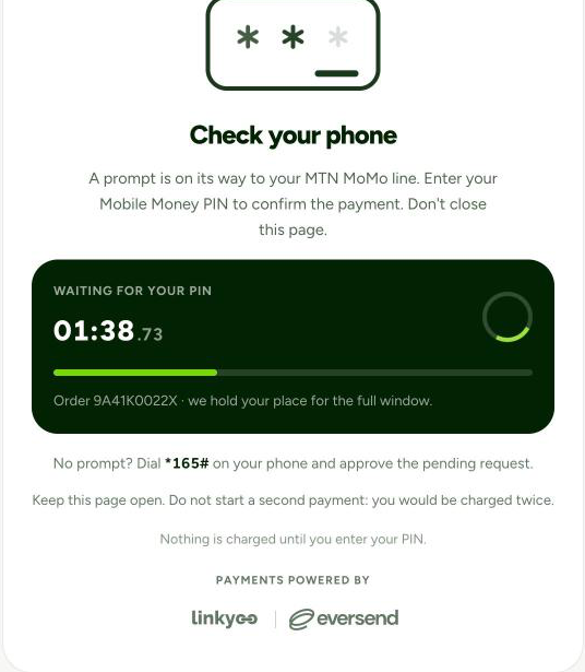 A 'Check your phone' screen with a countdown, asking the buyer to enter their Mobile Money PIN