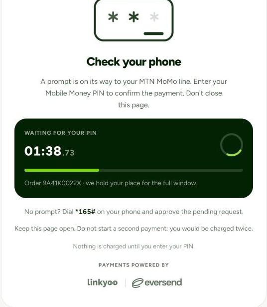 A 'Check your phone' screen with a countdown, asking the buyer to enter their Mobile Money PIN