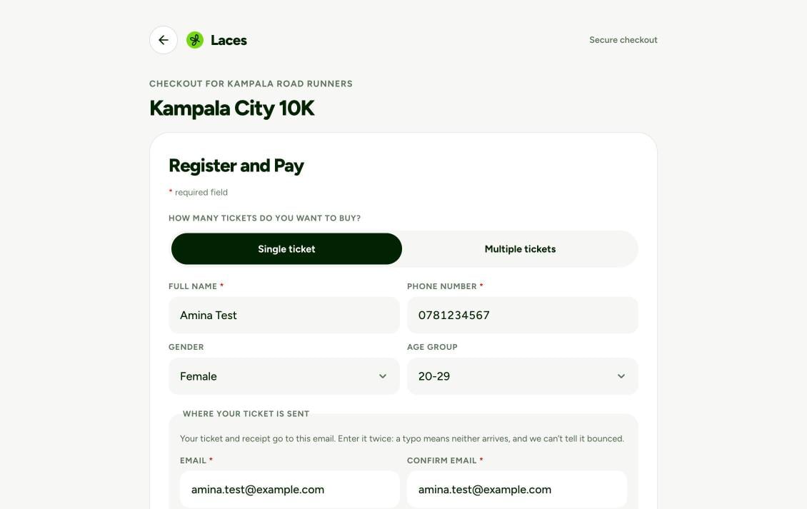 Laces checkout headed 'Checkout for Kampala Road Runners' with a Register and Pay form showing name, phone, gender, age group and email fields
