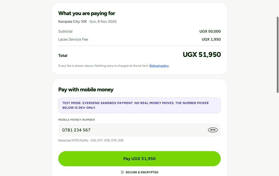 Order summary showing subtotal UGX 50,000, Laces Service Fee UGX 1,950 and total UGX 51,950, above a mobile money number field and a Pay UGX 51,950 button