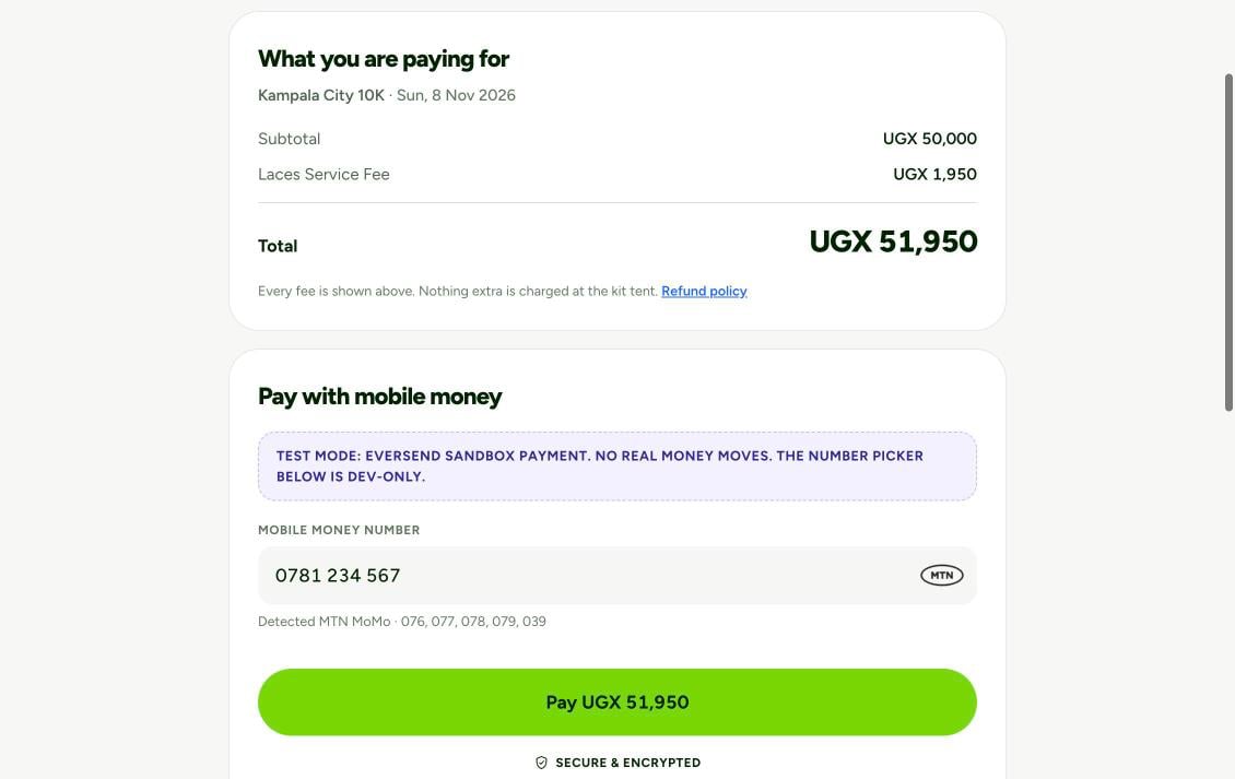 Order summary showing subtotal UGX 50,000, Laces Service Fee UGX 1,950 and total UGX 51,950, above a mobile money number field and a Pay UGX 51,950 button