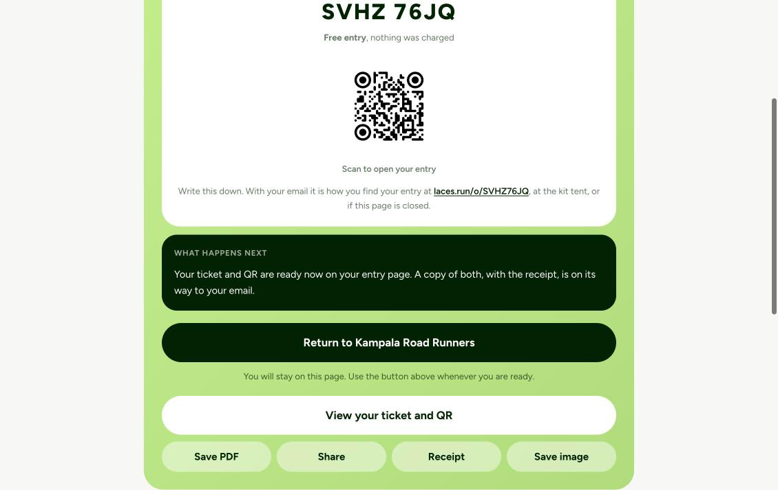 Confirmation panel with an order code, a QR code and a 'Return to Kampala Road Runners' button