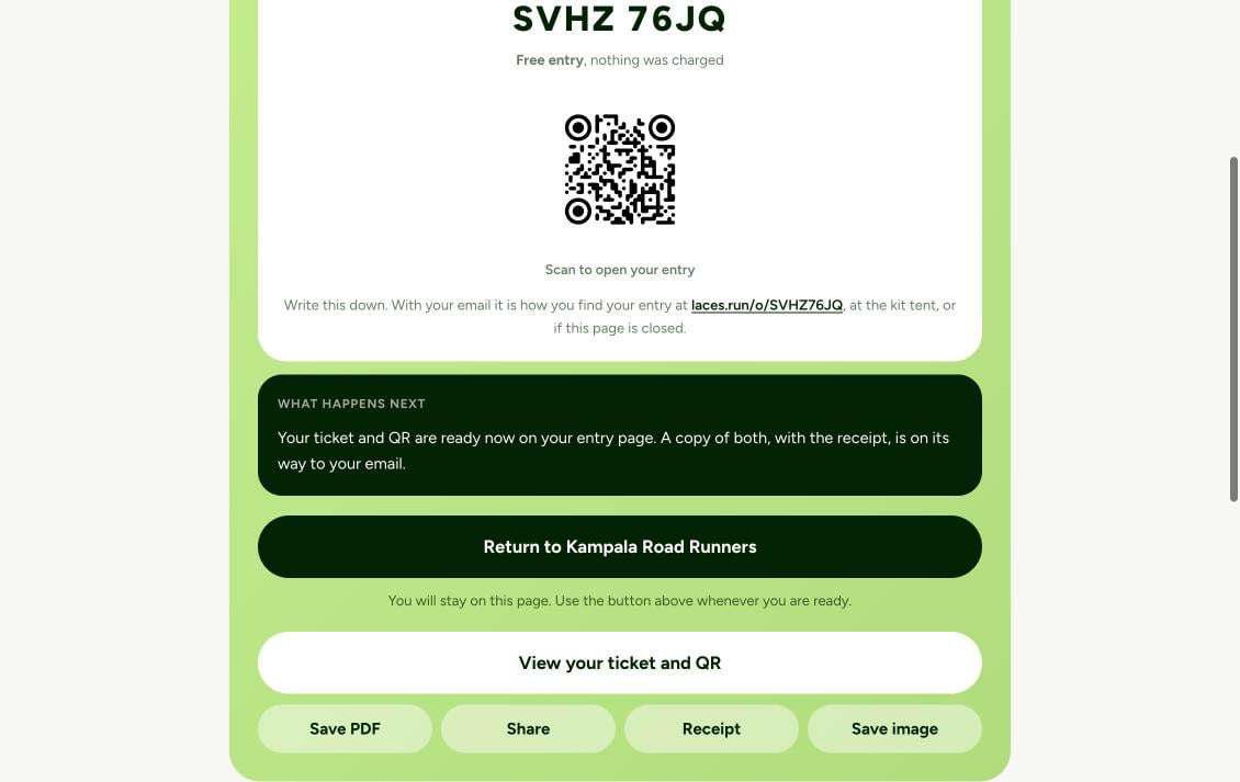 Confirmation panel with an order code, a QR code and a 'Return to Kampala Road Runners' button