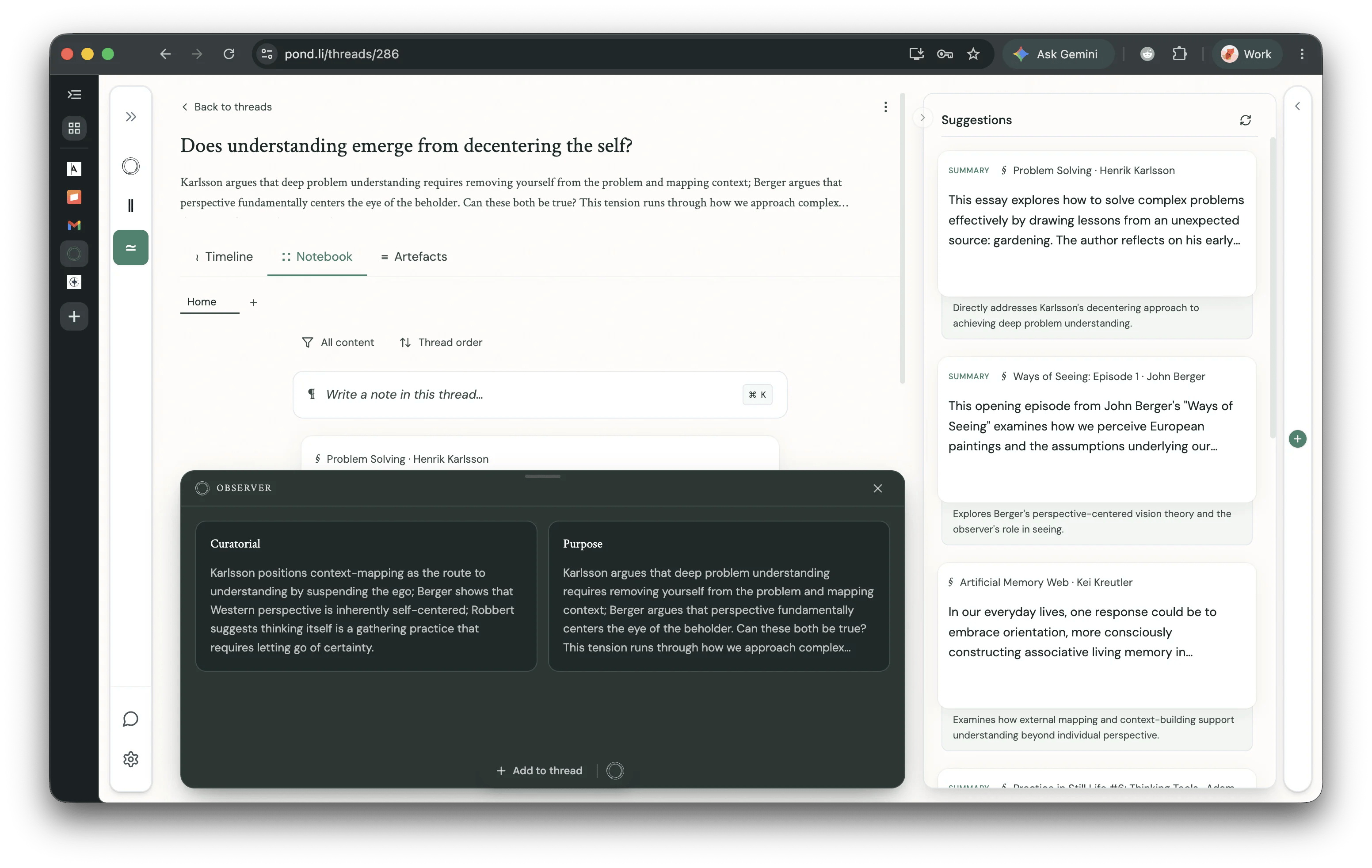 The Observer drawer with Pond-authored Moves staged for the Thread