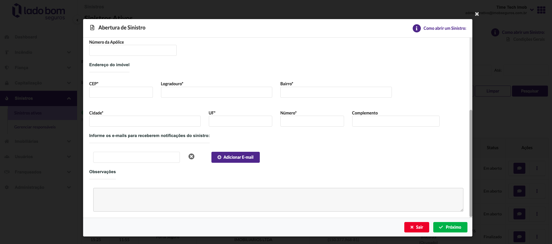 Botão abrir sinistro