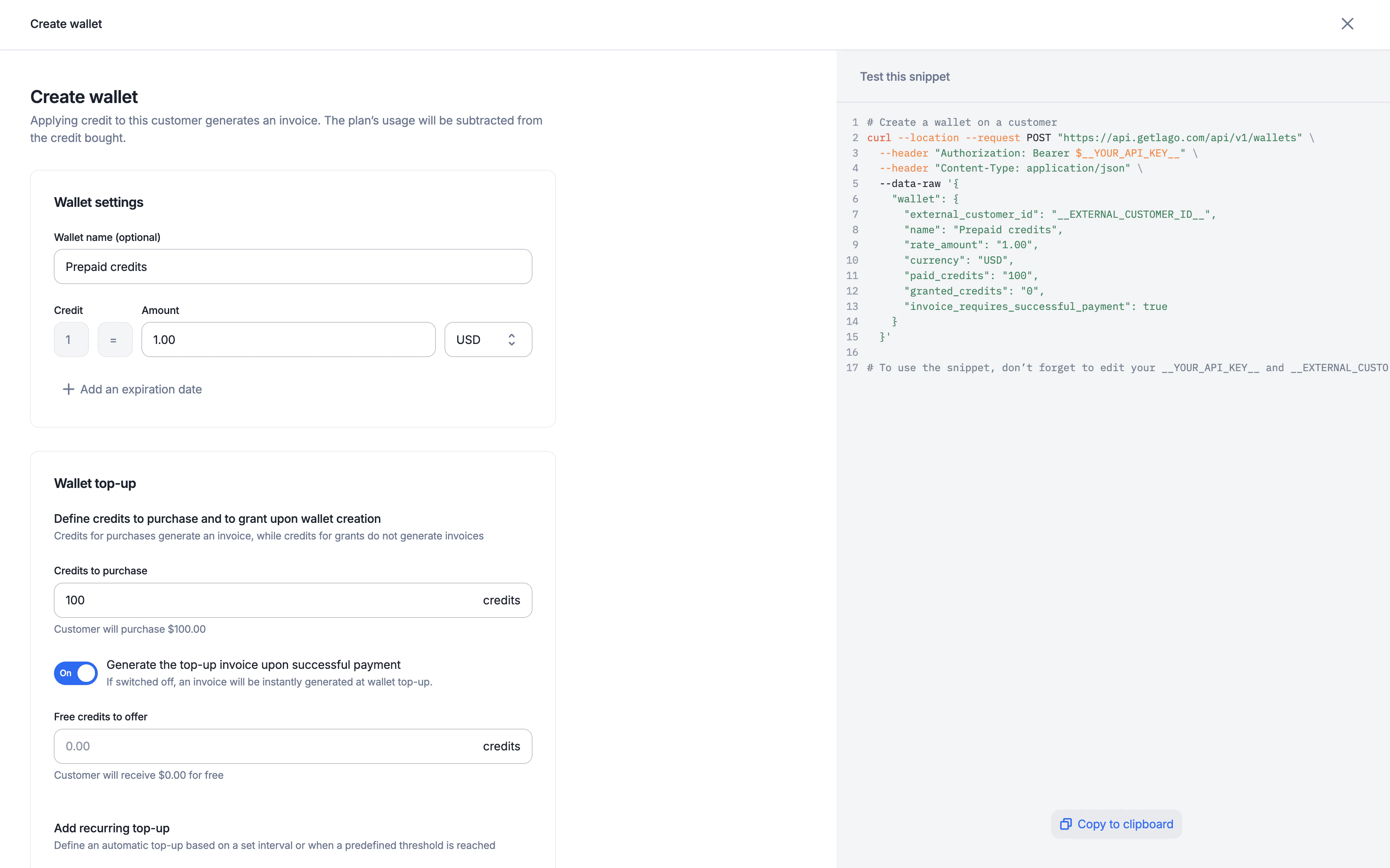 Creation of a wallet via the user interface
