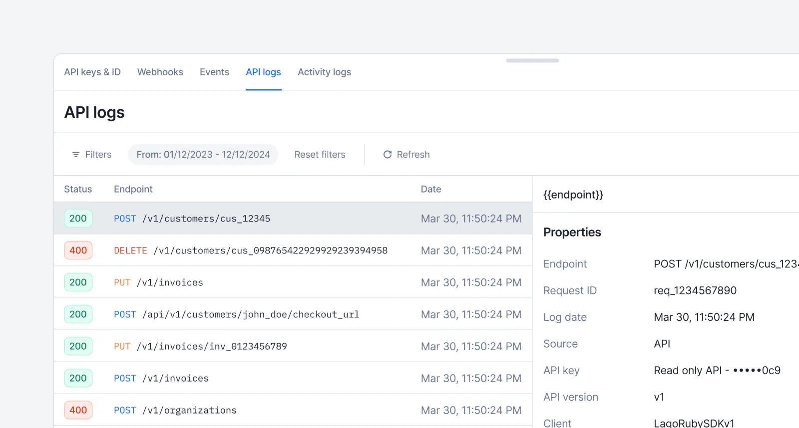 Lago API logs listing requests with endpoint, status, and client.