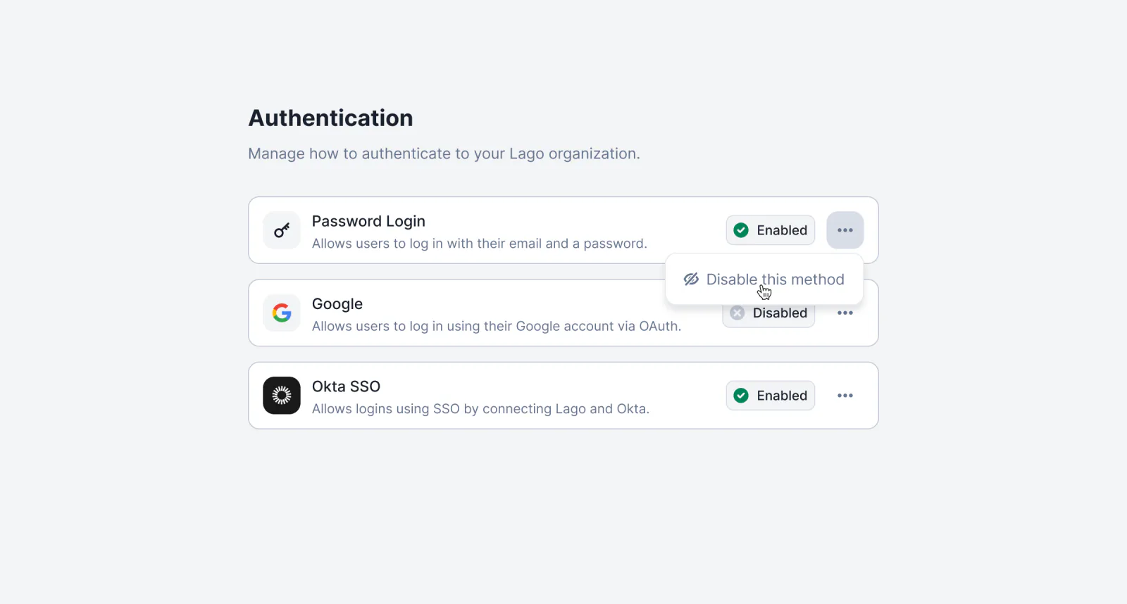 Lago organization authentication settings restricting which login methods are allowed.