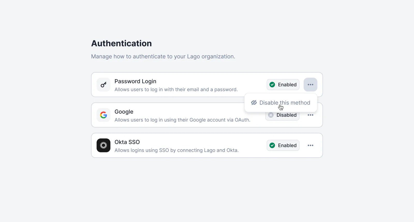 Lago organization authentication settings restricting which login methods are allowed.