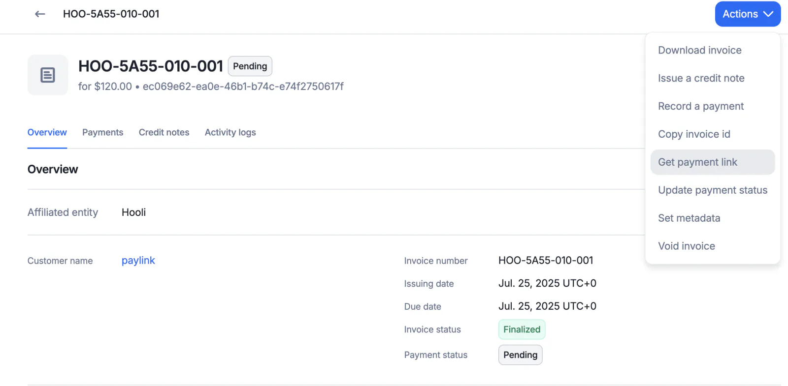 Lago invoice with the Get payment link action for a pending payment.