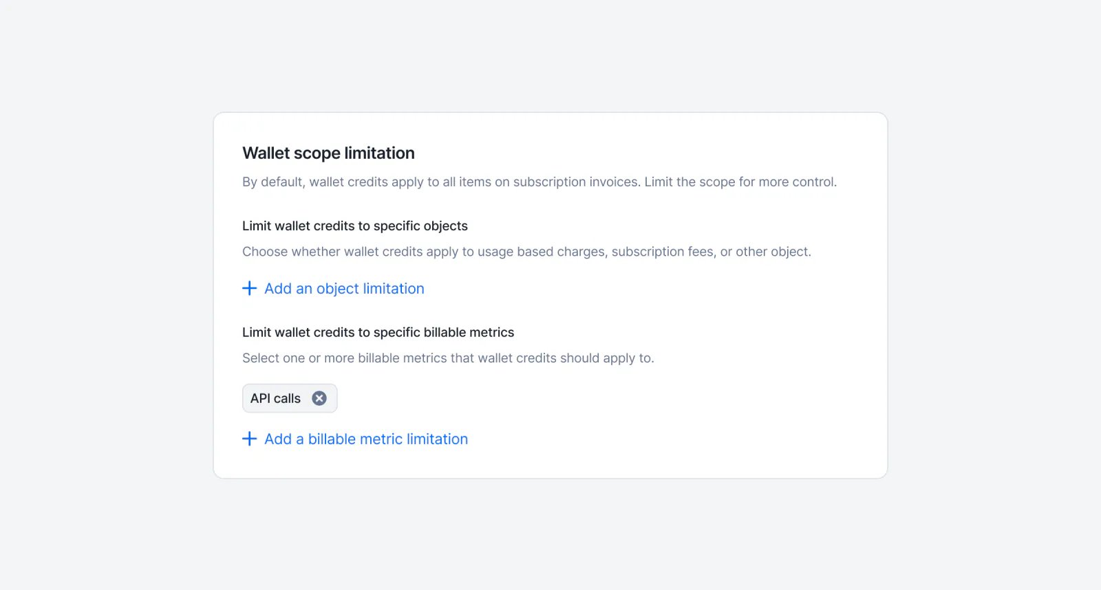 Lago wallet scoped so prepaid credits apply only to selected billable metrics.