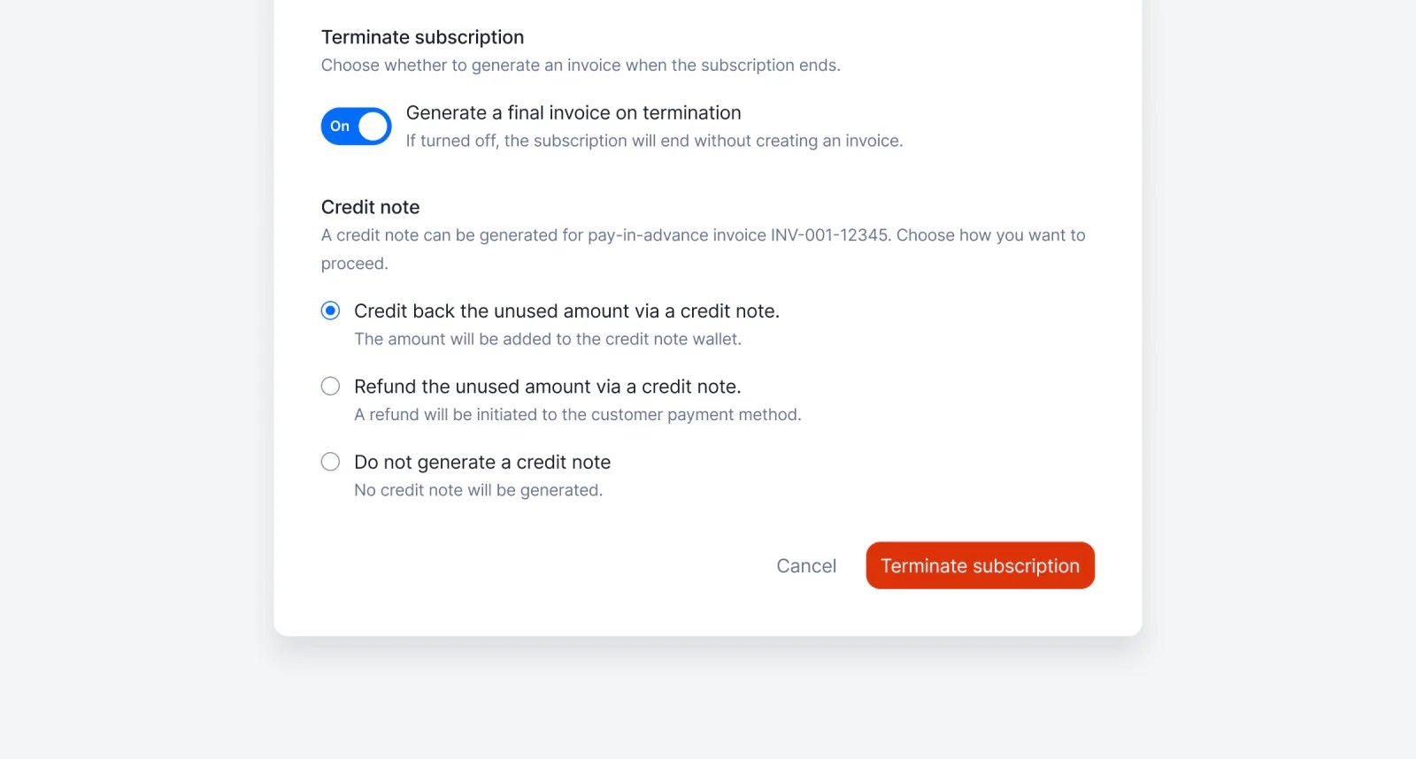 Lago subscription termination options for handling the unused prepaid amount.