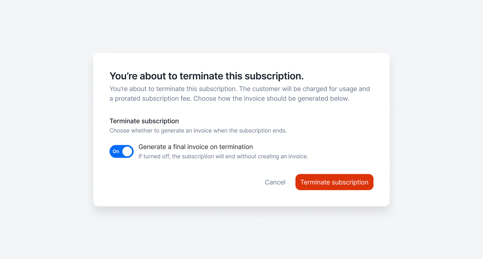 Lago subscription termination with closing invoice generation turned off.