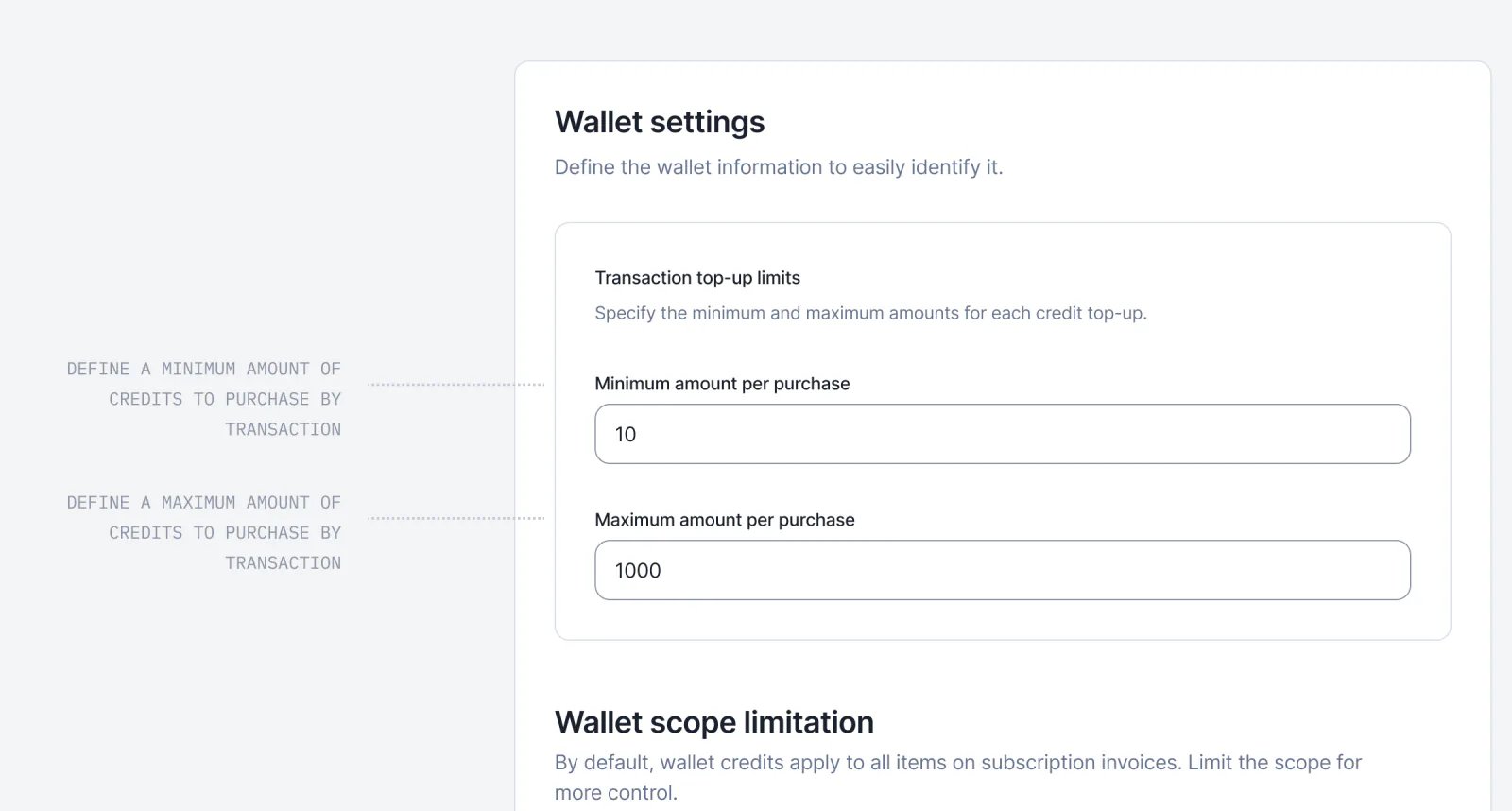 Lago wallet settings with minimum and maximum top-up amounts defined.