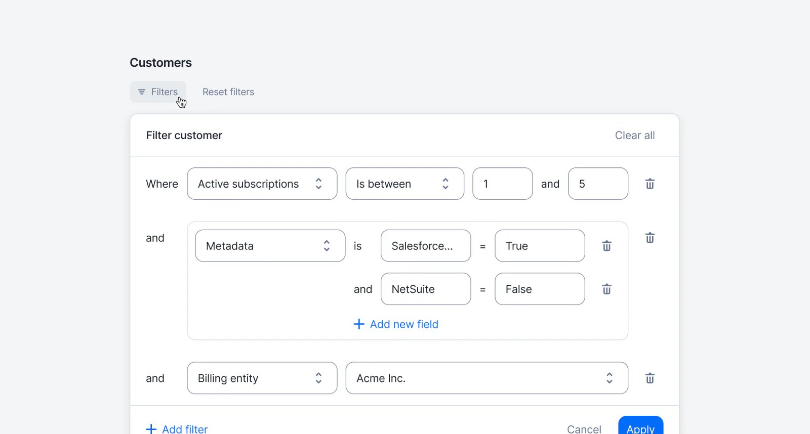 Lago customer list filtered by metadata, active subscriptions, and Tax ID.