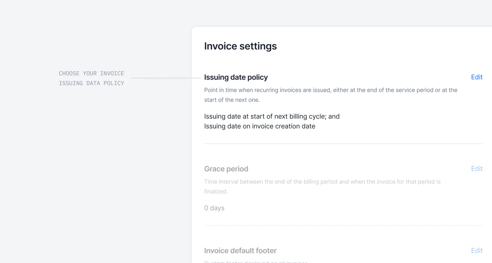Lago invoice issuing date preference set to the last day of the billing period.