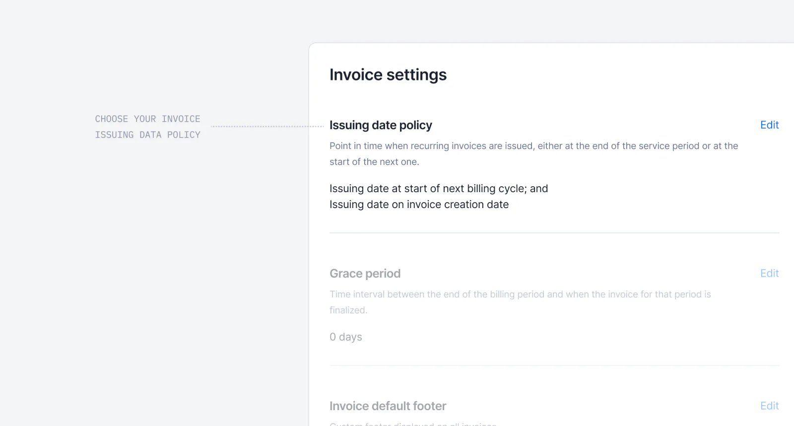 Lago invoice issuing date preference set to the last day of the billing period.