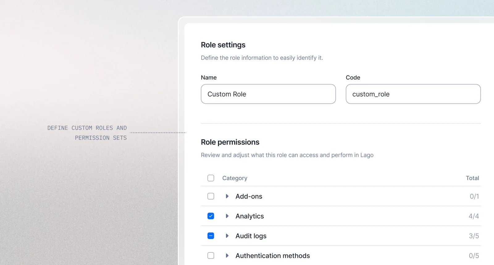 Lago custom role configuration with granular permissions selected.