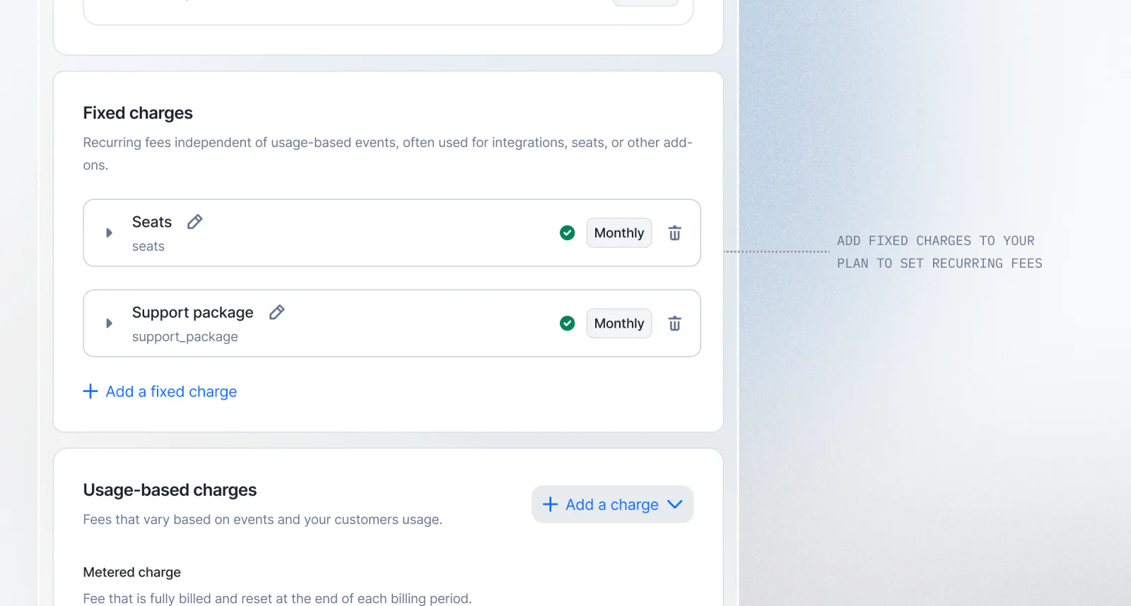 Lago plan with a fixed charge added alongside usage-based charges.
