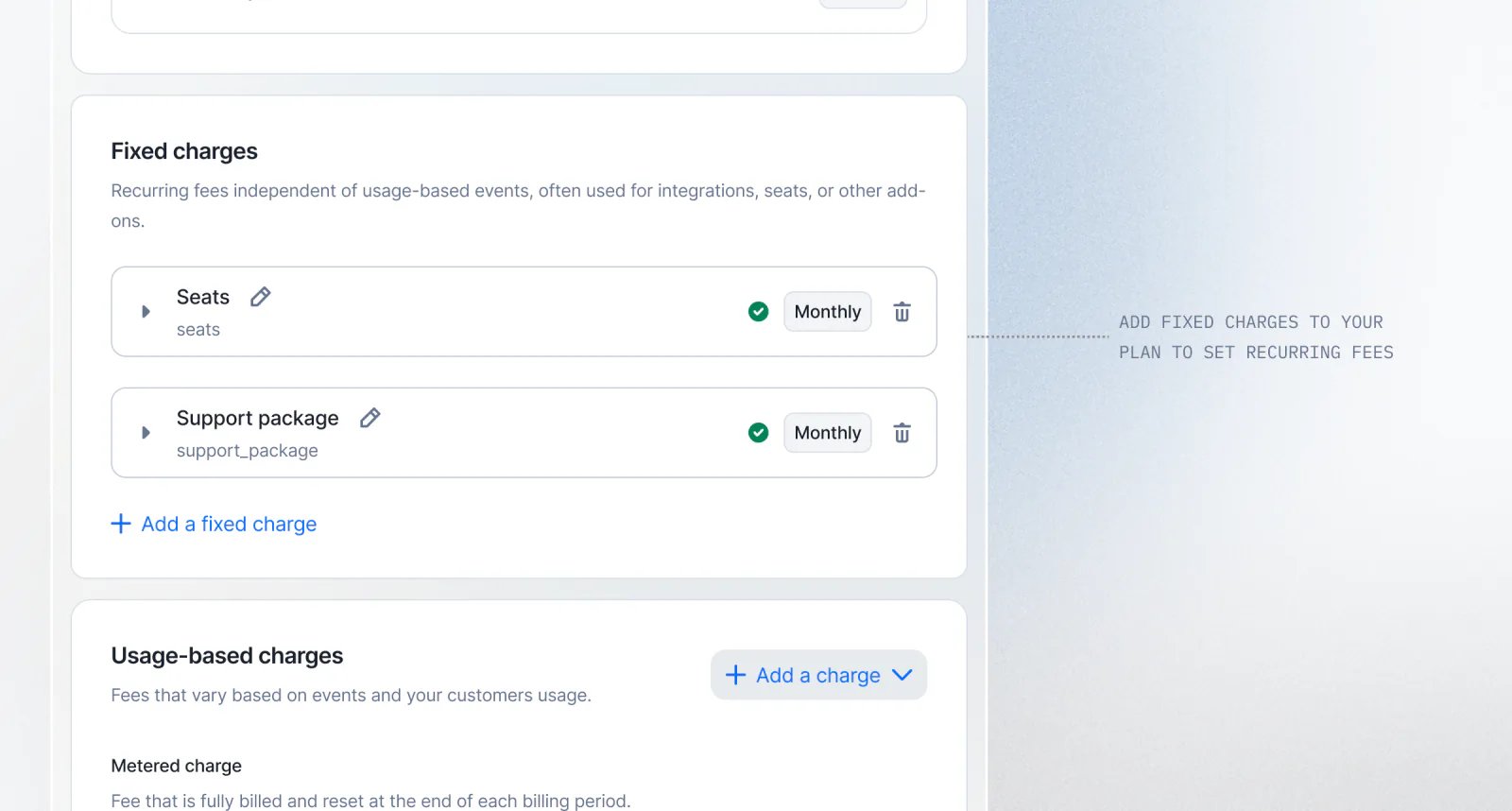 Lago plan with a fixed charge added alongside usage-based charges.