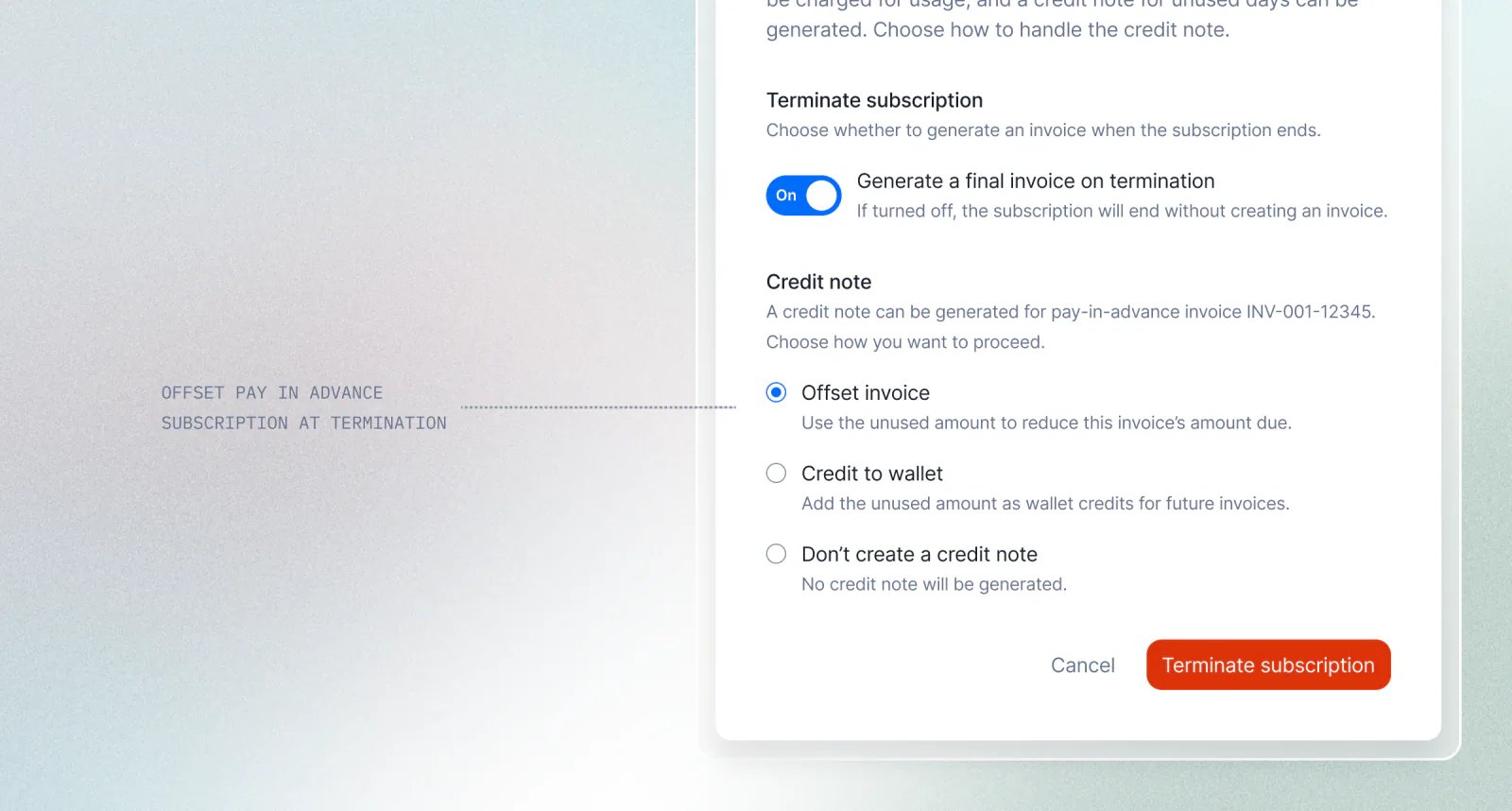 Lago subscription termination offsetting the unused amount with a credit note.