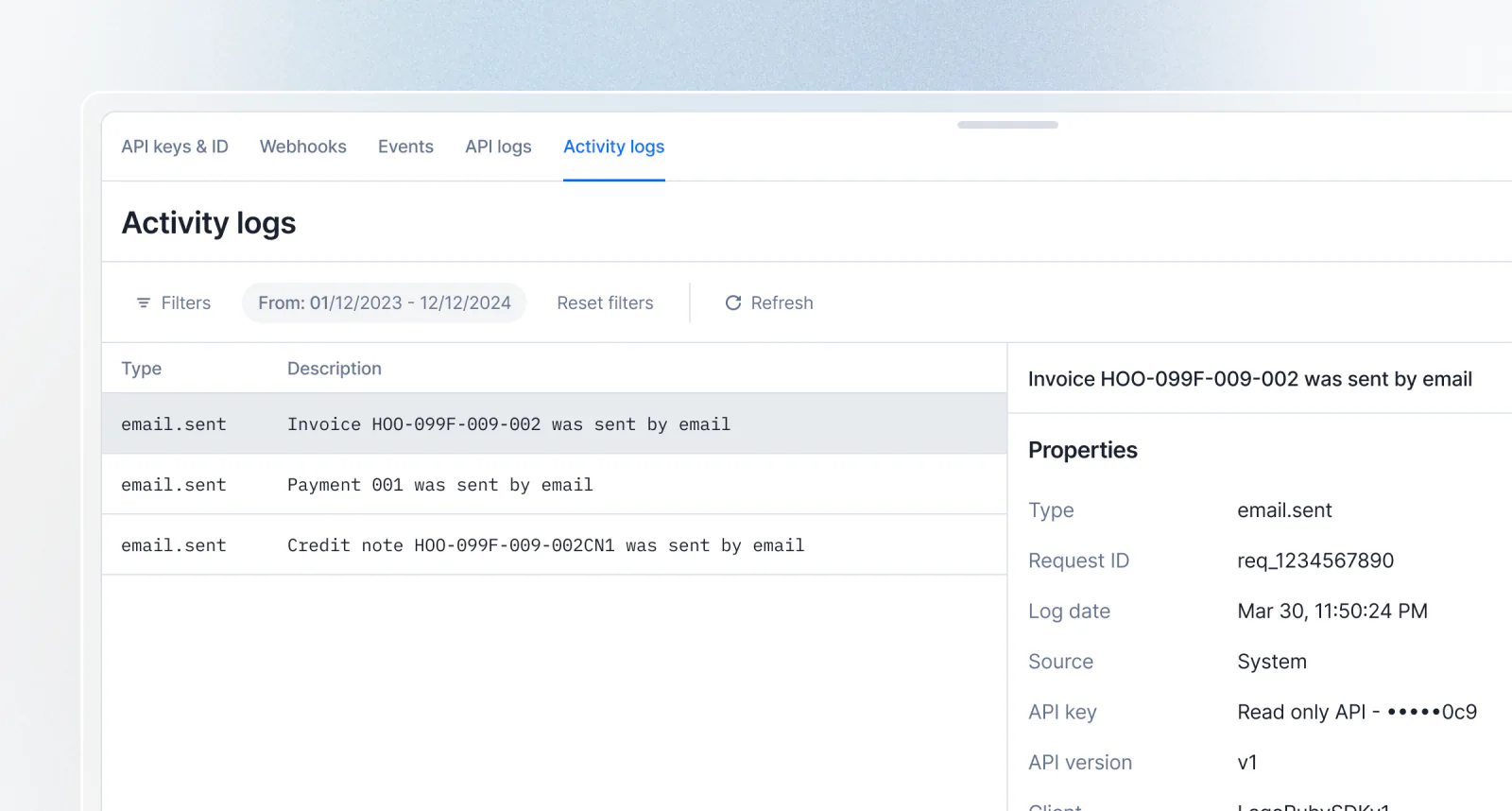 Lago audit logs showing billing emails sent for invoices, credit notes, and payments.