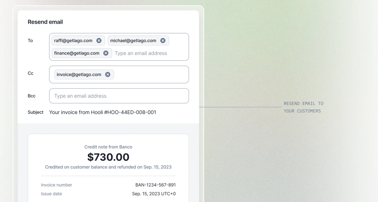 Lago resend email dialog with To, CC, and BCC recipients.