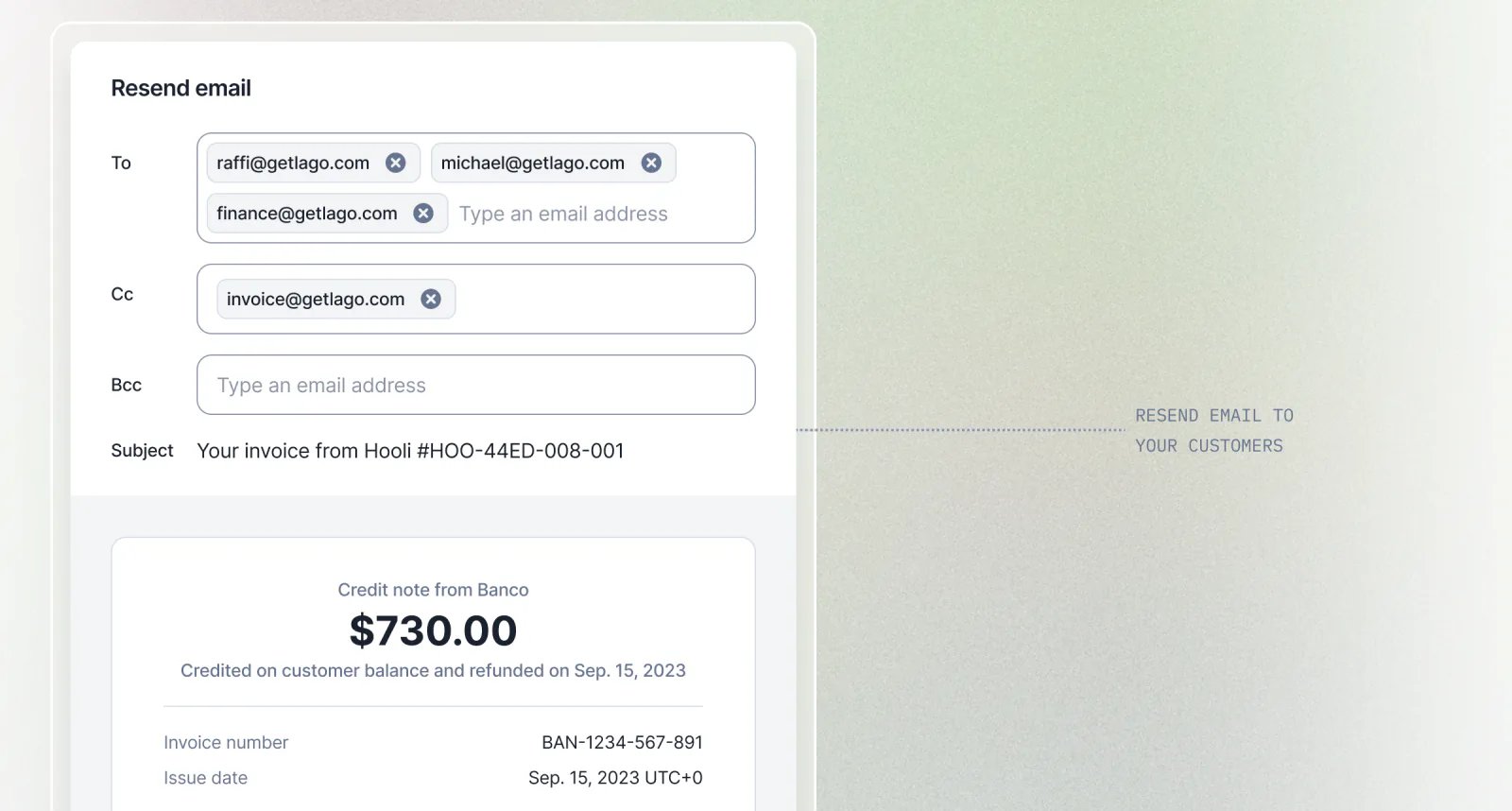Lago resend email dialog with To, CC, and BCC recipients.
