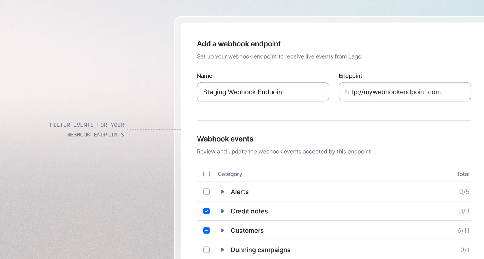 Lago webhook endpoint configured to receive only selected event types.