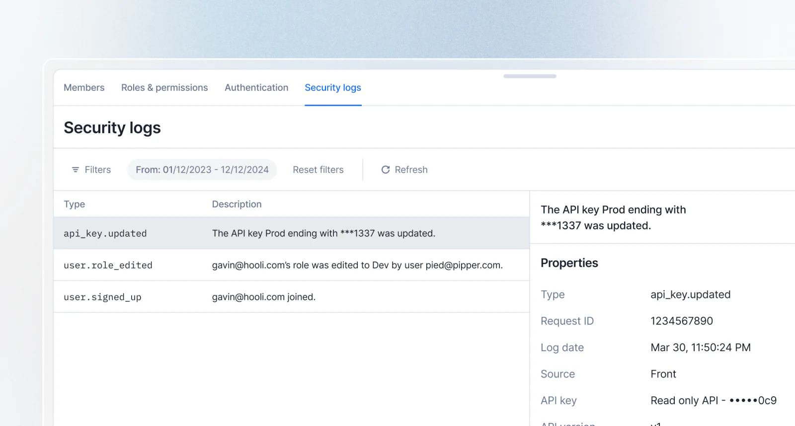 Lago security logs listing authentication and permission events with actor and timestamp.