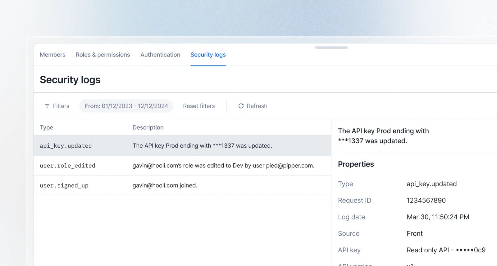 Lago security logs listing authentication and permission events with actor and timestamp.