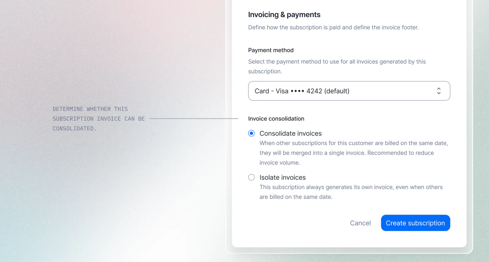 Lago invoice consolidation settings choosing which subscriptions share a single invoice.