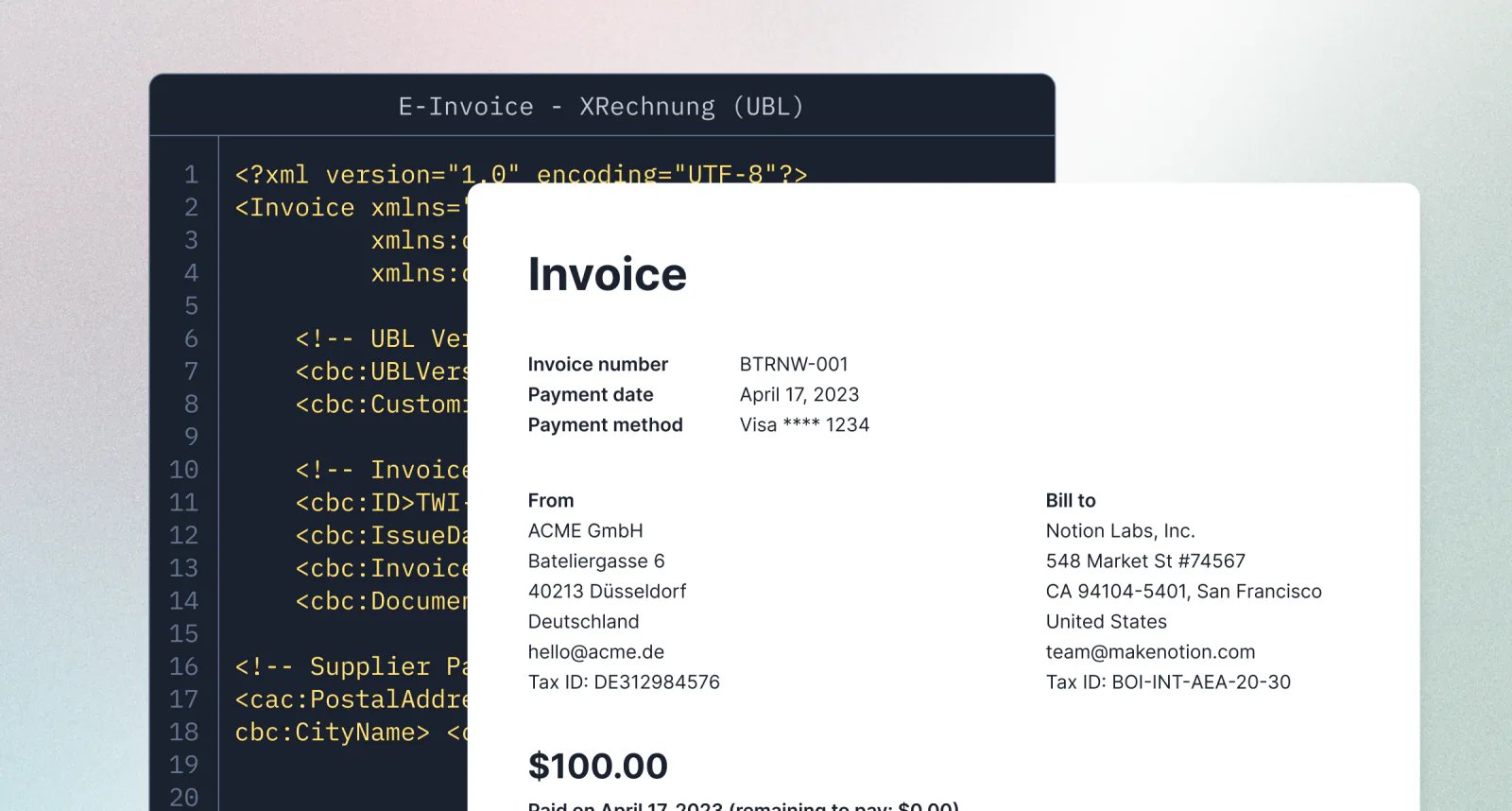 Lago e-invoicing settings with XRechnung and ZUGFeRD enabled for Germany.