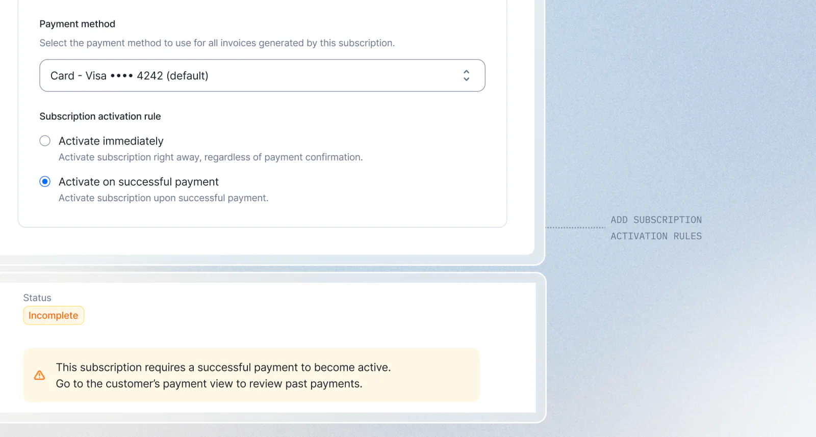 Lago activation rule holding a subscription until payment is received.