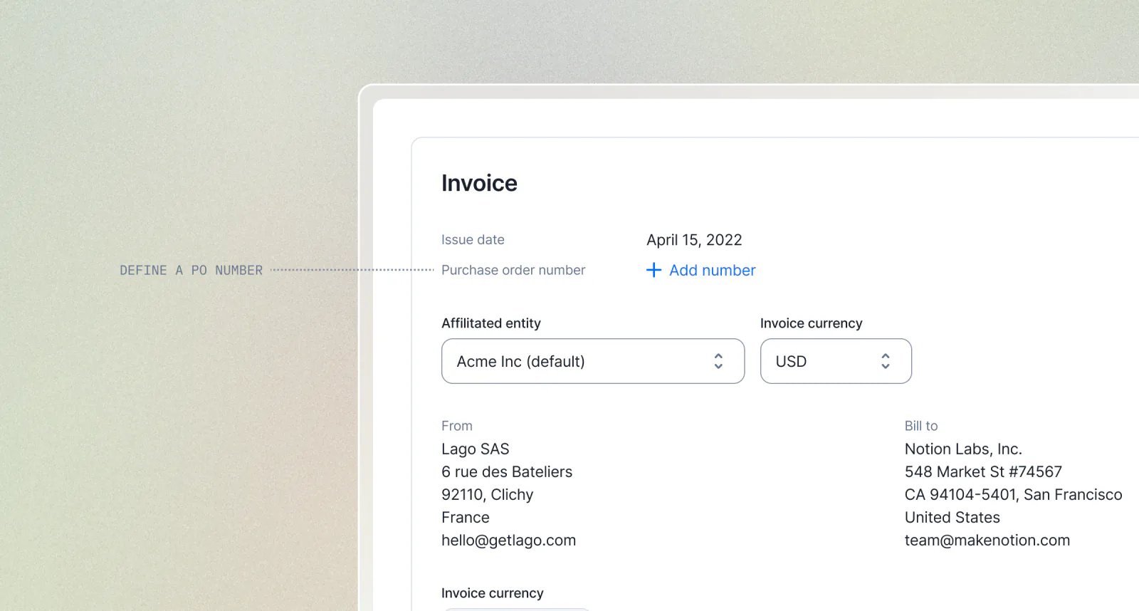 Lago one-off invoice form with a purchase order number field filled in.