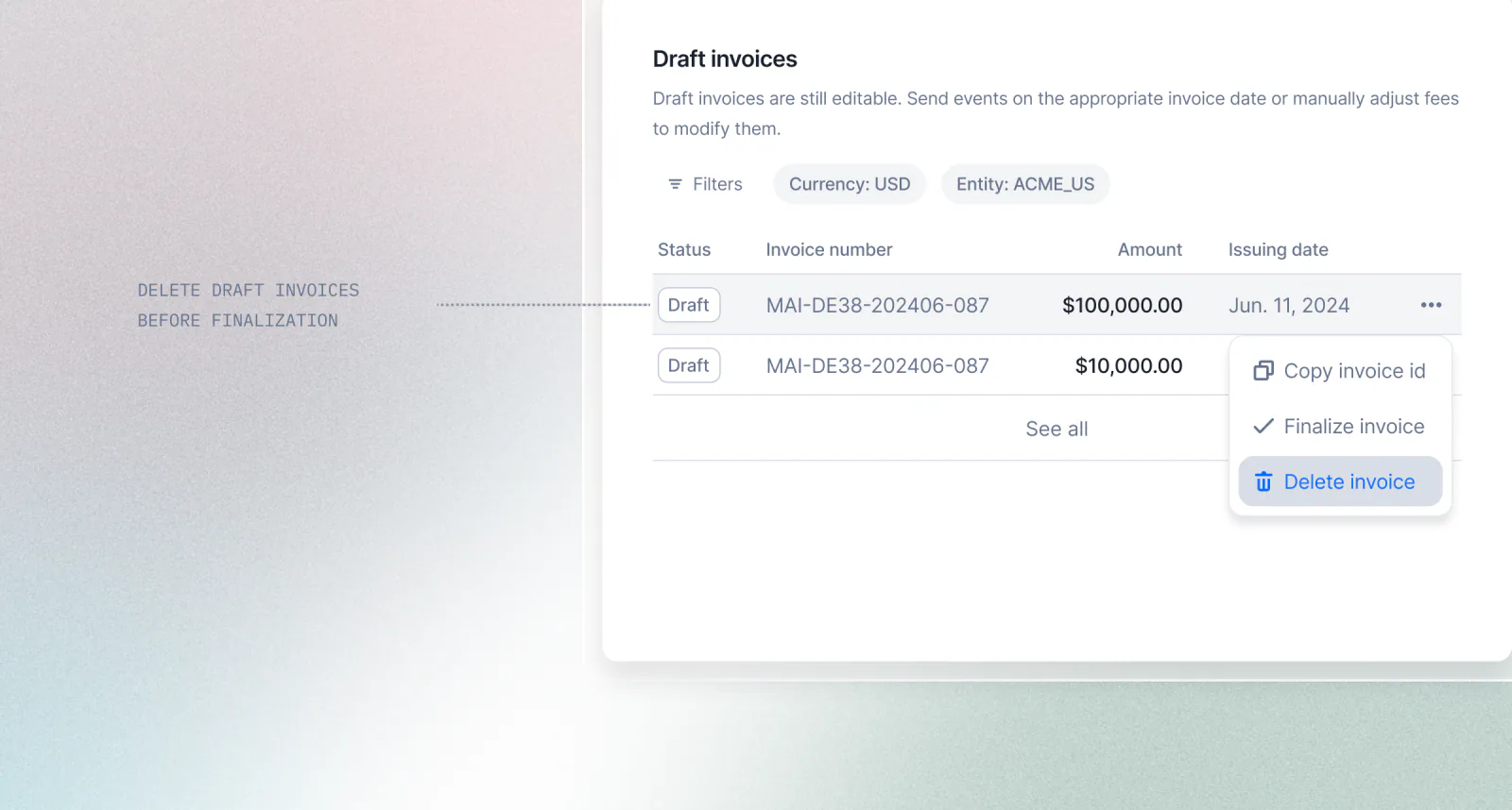 Lago draft invoice with the delete action available during the grace period.