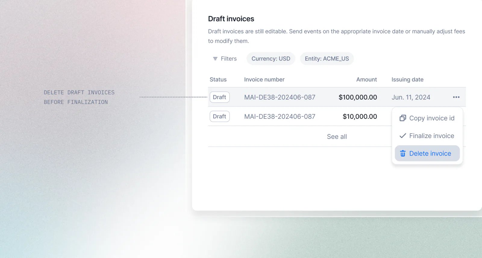 Lago draft invoice with the delete action available during the grace period.