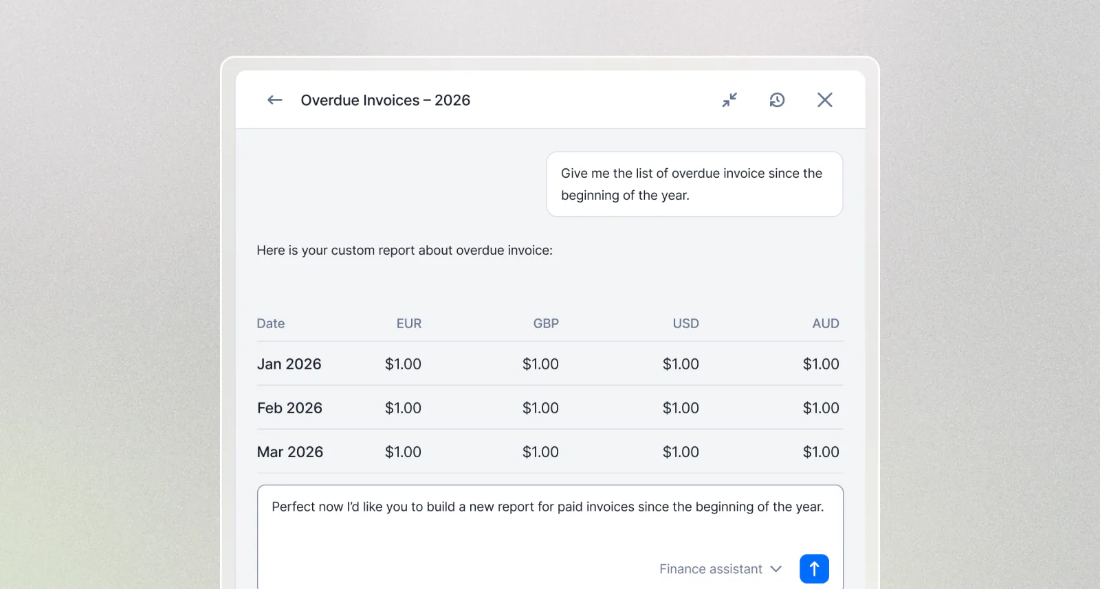 Lago AI Finance Assistant answering a billing data question and returning a generated report.