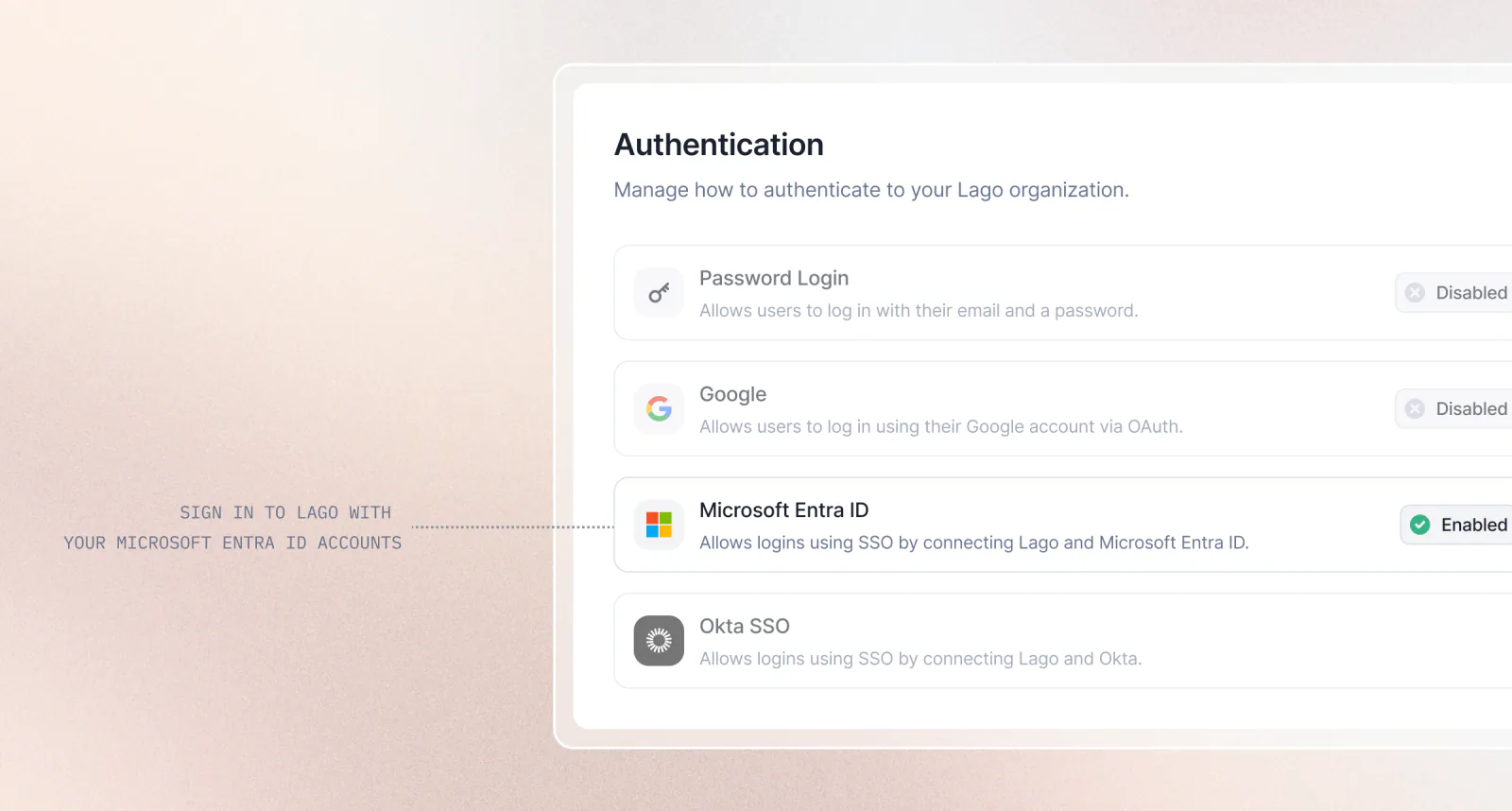 Lago single sign-on settings with Microsoft Entra ID configured as an OIDC provider.