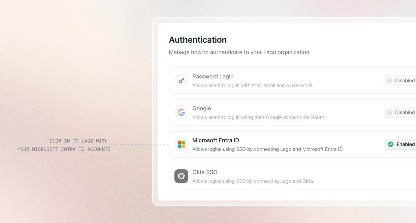 Lago single sign-on settings with Microsoft Entra ID configured as an OIDC provider.