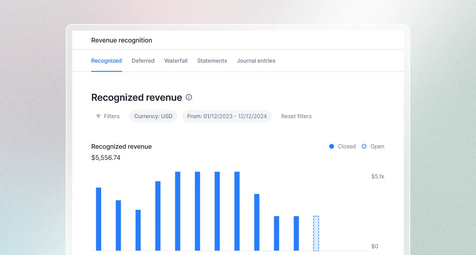 Lago revenue recognition report showing recognized and deferred revenue by period.